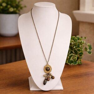 Gold Tone Brown Multi Stone Pendant Necklace Long 33 in Vintage Inspired Jewelry